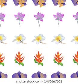Purple Orchid. Purple Lotus. White Plumeria. Orange Heliconia. Vector illustration. Seamless background pattern. Floral botanical flower. Wild leaf wildflower isolated. Exotic tropical hawaiian.
