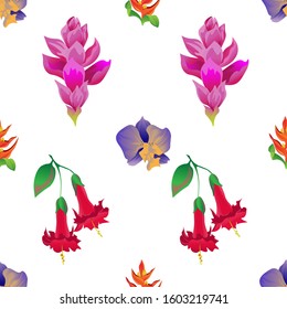 Purple Orchid. Orange Heliconia. Pink Ginger. Red Angel Trumpet. Vector illustration. Seamless background pattern. Floral botanical flower. Wild leaf wildflower isolated. Exotic tropical hawaiian.