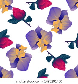 Purple Orchid. Red Vriesea. Vector illustration. Seamless background pattern. Floral botanical flower. Wild leaf wildflower isolated. Exotic tropical hawaiian jungle. Fabric wallpaper print texture.