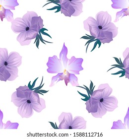 Purple Orchid. Violet Anemone. Vector illustration. Seamless background pattern. Floral botanical flower. Wild leaf wildflower isolated. Exotic tropical hawaiian jungle. Fabric wallpaper print.