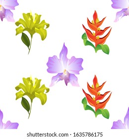 Purple Orchid. Yellow Lilium. Orange Heliconia. Vector illustration. Seamless background pattern. Floral botanical flower. Wild leaf wildflower isolated. Exotic tropical hawaiian jungle. Fabric.