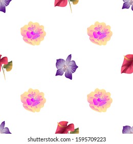Purple orchid. Yellow Magnolia. Red Calla. Vector illustration. Seamless background pattern. Floral botanical flower. Wild leaf wildflower isolated. Exotic tropical hawaiian jungle. Fabric wallpaper.