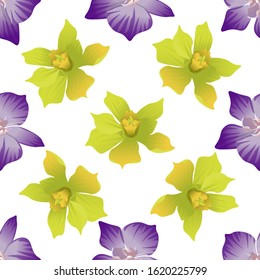 Purple orchid. Yellow Orchid. Vector illustration. Seamless background pattern. Floral botanical flower. Wild leaf wildflower isolated. Exotic tropical hawaiian jungle. Fabric wallpaper print texture.