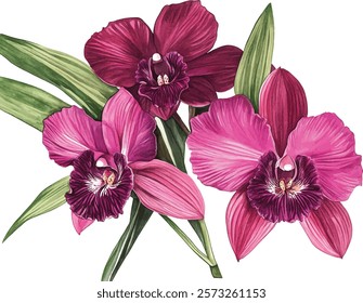 purple orchids bouquet hand illustration vector 