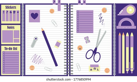 The purple organizer includes a large stationery set. Notebook with additional inserts in which sticky notes, pens, pencils, and correction tape are stored.