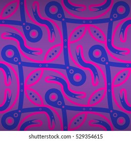 Purple ornamental seamless pattern background in ethnic style. Bright, contrast design for fabric, game, packing-paper or other purpose. Flat medley repeatable backdrop. Classic design.
