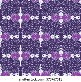 Purple ornamental seamless patterns for making damask wallpapers and textile print. Vintage style. Vector illustration.