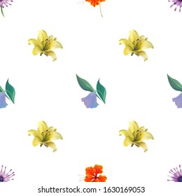 Purple Osteospermum Daisybush. Orange Rose Mallow. Purple Bllflower. Yellow Lilium. Vector illustration. Seamless background pattern. Floral botanical flower. Wild leaf wildflower isolated. Exotic.