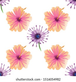 Purple Osteospermum Daisybush. Pink Hibiscus. Vector illustration. Seamless background pattern. Floral botanical flower. Wild leaf wildflower isolated. Exotic tropical hawaiian jungle. Fabric.