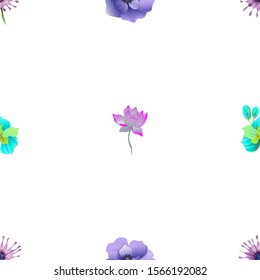 Purple Osteospermum Daisybush. Violet Anemone. Green Orchid. Purple Lotus. Vector illustration. Seamless background pattern. Floral botanical flower. Wild leaf wildflower isolated. Exotic tropical.
