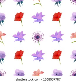 Purple Osteospermum Daisybush. Violet Anemone. Pink Amaryllis. Red Amaryllis. Purple Magnolia. Vector illustration. Seamless background pattern. Floral botanical flower. Wild leaf wildflower.