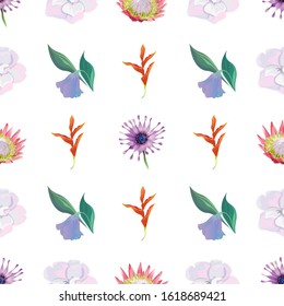 Purple Osteospermum Daisybush. White Camellia. Pink Protea. Purple Bllflower. Orange Heliconia. Vector illustration. Seamless background pattern. Floral botanical flower. Wild leaf wildflower.