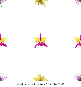 Purple Osteospermum Daisybush. Yellow Lilium. Pink Orchid. Vector illustration. Seamless background pattern. Floral botanical flower. Wild leaf wildflower isolated. Exotic tropical hawaiian jungle.