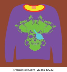 purple outfit in front of the background and green pirate pattern with eye patch in front of it