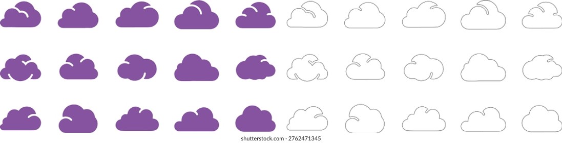 Purple and outline cloud arranged in rows symbol weather