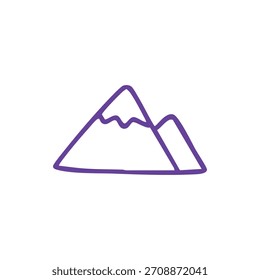 Dibujo de contorno púrpura de dos montañas con nieve sobre un fondo blanco.