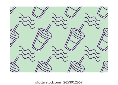 Purple outline drink cups wavy lines repeated on a light green Pattern beverage straw