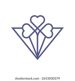 Um logotipo de contorno roxo de três corações formando um trevo, aninhado dentro de um triângulo, simbolizando amor, sorte e estabilidade