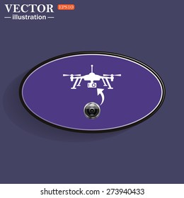 Purple oval button on purple background with shadow. Quadrocopter. icon. vector design