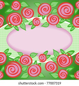 purple oval frame on a green background framed by roses