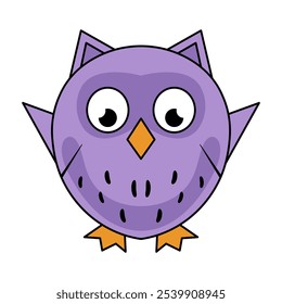 Purple owl in cartoon style. A cute and simplistic vector illustration of a purple owl with large, round eyes and a small, orange diamond-shaped beak. 