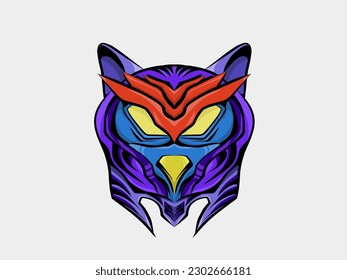 Purple owl robot head illustration. For sticker, tattoo or other.