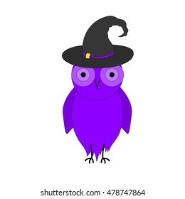 purple owl in witch hat on white background isolated card.