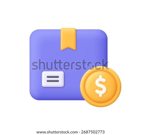 Purple package box with golden dollar coin. Finance, logistics, digital business, e-commerce, online shopping, delivery payment and parcel cost concept. 3d vector icon. Cartoon minimal style.