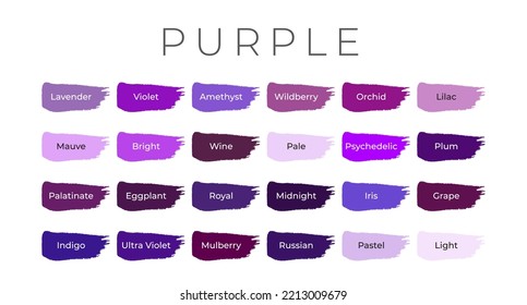 Purple Paint Color Swatches with Shade Names on Brush Strokes