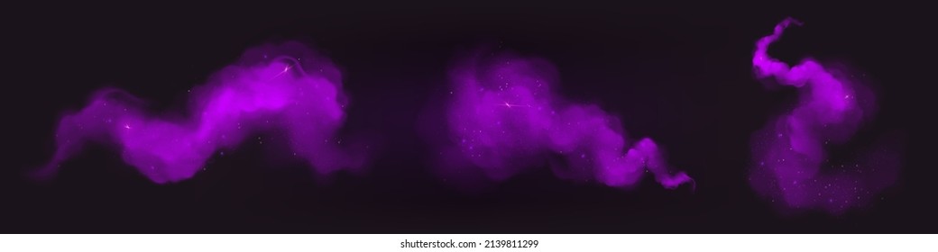 Purple paint powder splashes. Flows of magic dust with glitter particles and sparkles. Vector realistic set of flowing violet clouds of fog or steam with shimmer isolated on black background