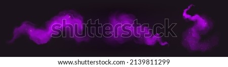 Purple paint powder splashes. Flows of magic dust with glitter particles and sparkles. Vector realistic set of flowing violet clouds of fog or steam with shimmer isolated on black background