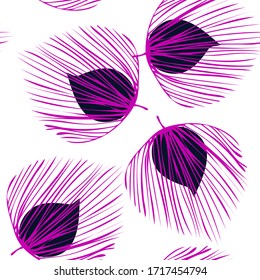 Purple Palm Textile Vector Seamless Pattern. Flower Abstract Texture. Summer Floral Wallpaper. Magenta Painting Foliage Backdrop.