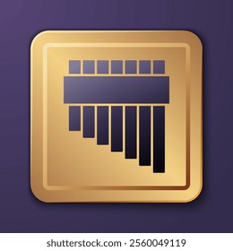 Purple Pan flute icon isolated on purple background. Traditional peruvian musical instrument. Zampona. Folk instrument from Peru, Bolivia and Mexico. Gold square button. Vector