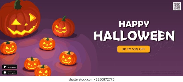 Purple panoramic banner with Halloween pumpkins, text and buttons. October 31st party invitation or holiday sale poster with glowing Jack-o-lantern and creepy trees. Festive wallpaper, header