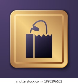 Purple Paper bag with bread loaf icon isolated on purple background. Gold square button. Vector
