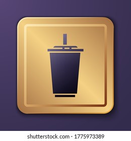 Purple Paper glass with drinking straw and water icon isolated on purple background. Soda drink glass. Fresh cold beverage symbol. Gold square button. Vector Illustration