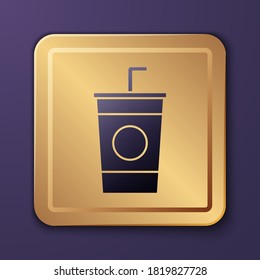 Purple Paper glass with drinking straw and water icon isolated on purple background. Soda drink glass. Fresh cold beverage symbol. Gold square button. Vector Illustration