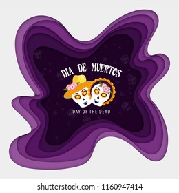 Moldura de corte de camada de papel roxo com crânio de açúcar ou calavera para o festival mexicano Dia de Muertos (Dia dos Mortos) comemoração projeto de cartão.