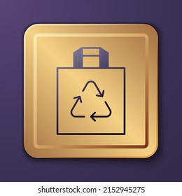 Purple Paper shopping bag with recycle icon isolated on purple background. Bag with recycling symbol. Gold square button. Vector