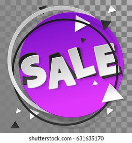 Purple paper sticker, label with frame, with fragments, splinters and white, black lettering SALE on transparent background. Vector illustration.  