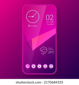 purple paper texture home screen realistic smartphone user interface, vector design illustration