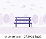 A purple park bench sits in a tranquil, flat landscape.