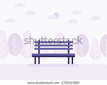 A purple park bench sits in a tranquil, flat landscape.