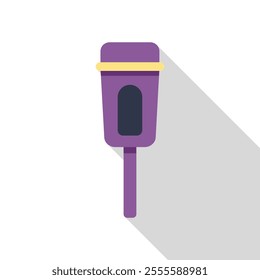 Purple parking meter standing on a pole, indicating a paid parking spot on the street