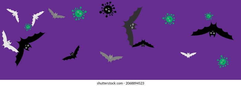 Purple Party Grey Mysterious Creepy Bats. Cartoon Covid Scary Dracula White Design Pic. Faces Funny Vaccination Horror Virus Black Halloween Design. Gothic Fear Spooky Vampire Corona Backdrop.