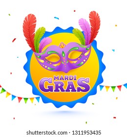 Purple party mask illustration on white confetti background for Mardi Gras template or poster design.