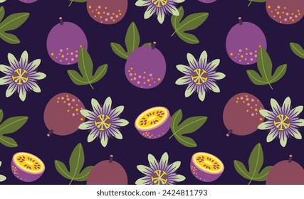 Fruta de la pasión púrpura con la flor aislada en el fondo blanco. Frutas enteras y medio frescas maduras. Fruta tropical exótica. Ilustración plana de vector de dibujos animados.