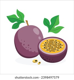 Purple passion fruit (Passiflora edulis) with cut in half and green leaf isolated on white background. Fresh ripe raw passion fruit falling in the air isolated on white background. 2531
