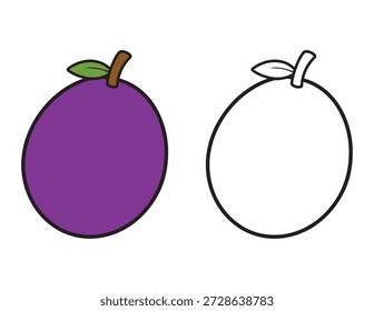Gráficos de Vector de frutas de la pasión púrpura para niños. Esquema negro aislado y versión de color vibrante para los libros de actividad de los niños. Página para colorear simple para niños pequeños 