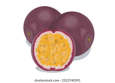 Purple Passion Frucht Vektorgrafik mit Halbstücken, Vektorgrafik.